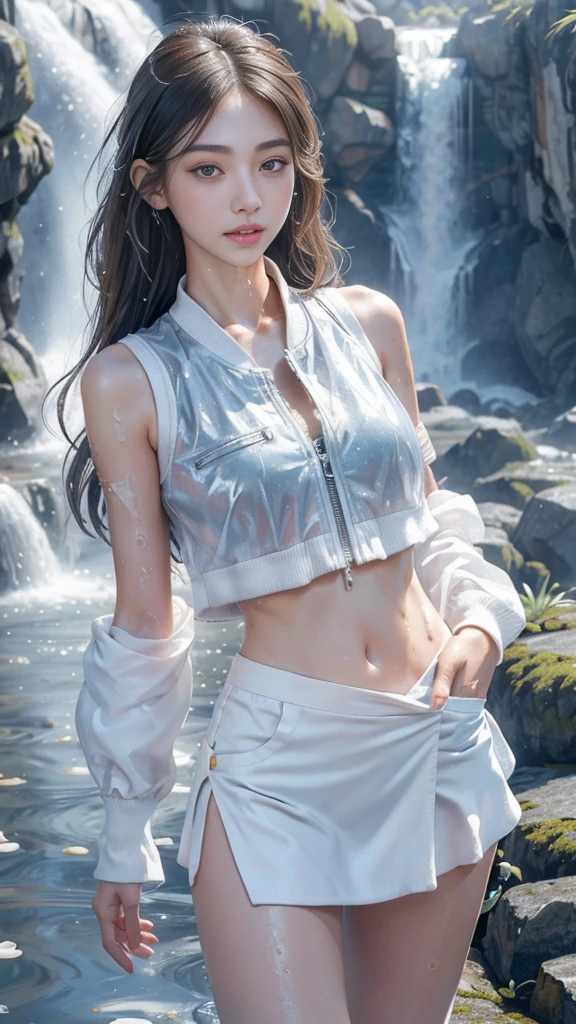 8K, masterpiece, 1 girl, Pretty Face, Very long hair, Light makeup, (Glowing skin:1.5), Delicate eyes, Delicate lips, Small bust, Bomber Jacket, Wet white vest, ((White mini skirt)), ((Under pants)), ((Bare thighs)), Shoulder strap clothing, (Water Fall:1.5), vapor effect, water vapor,