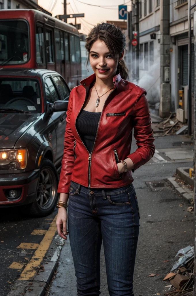 1girl, (realistic),(hyperrealism),(best quality),(masterpiece),(ultra high res),(photorealistic),idol,eye makeup,detailed eyes,detailed face,black dress, claireredfield2, brown hair, (red jacket:1.2), ponytail, (denim pants:1.3),,  red wristband,,  abandoned street, burning cars in background, littered street, smoke, chaos, zombie apocalypse, daytime, sunny,,  hands in pocket, looking at viewer, smiling, closeup shot