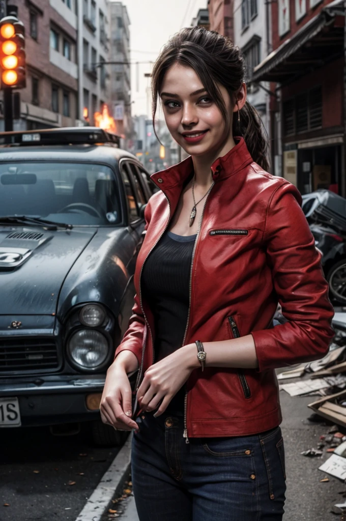 1girl, (realistic),(hyperrealism),(best quality),(masterpiece),(ultra high res),(photorealistic),idol,eye makeup,detailed eyes,detailed face,black dress, claireredfield2, brown hair, (red jacket:1.2), ponytail, (denim pants:1.3),,  red wristband,,  abandoned street, burning cars in background, littered street, smoke, chaos, zombie apocalypse, daytime, sunny,,  hands in pocket, looking at viewer, smiling, closeup shot