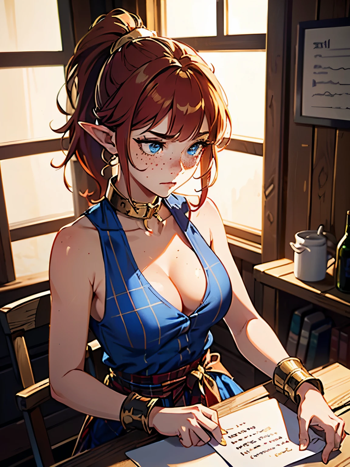 masterpiece, high quality, illustration, extremely detailed, cg unity 8k, NSFW, 1_woman, (sad), sitting, (upper body) (Caucasian skin_complexion:1.4), mature, statuesque, beautiful, exotic, ((freckles)), with long elf ears, frowning, (((looking down))), ((holding letter)), medium breast, (((gold neck slave collar))), thick golden cuffs, wearing (((long) blue plaid dress)), blue plaid sash, white tank top, cleavage, bare_shoulders, (red hair), (((long ponytail))), detailed face having ((blue eyes), dark_eyeliner, long_eyelashes), inside rustic cabin bedroom,