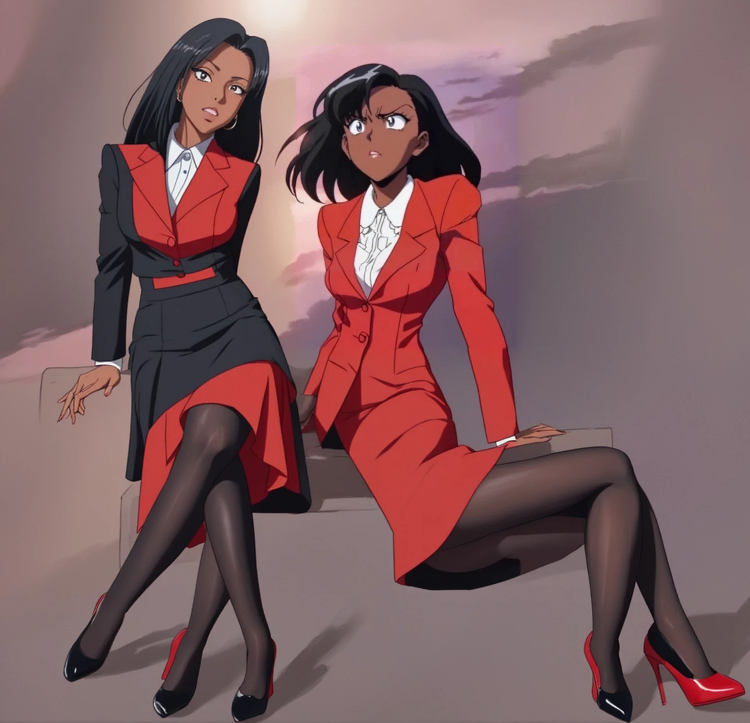 EVIL BLACK BUSINESS WOMAN WEARING A BLOUSE WITH A RED SKIRT SUIT 90s ANIME ARTSTYLE WITH RED HEELS FULL BODY WEARING A KNEE LONG RED SKIRT WHILE SITTING 