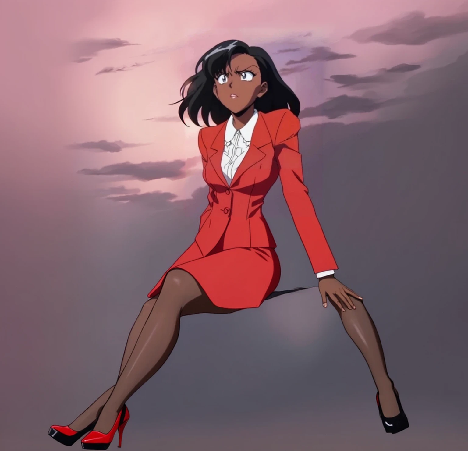 EVIL BLACK BUSINESS WOMAN WEARING A BLOUSE WITH A RED SKIRT SUIT 90s ANIME ARTSTYLE WITH RED HEELS FULL BODY WEARING A KNEE LONG RED SKIRT WHILE SITTING