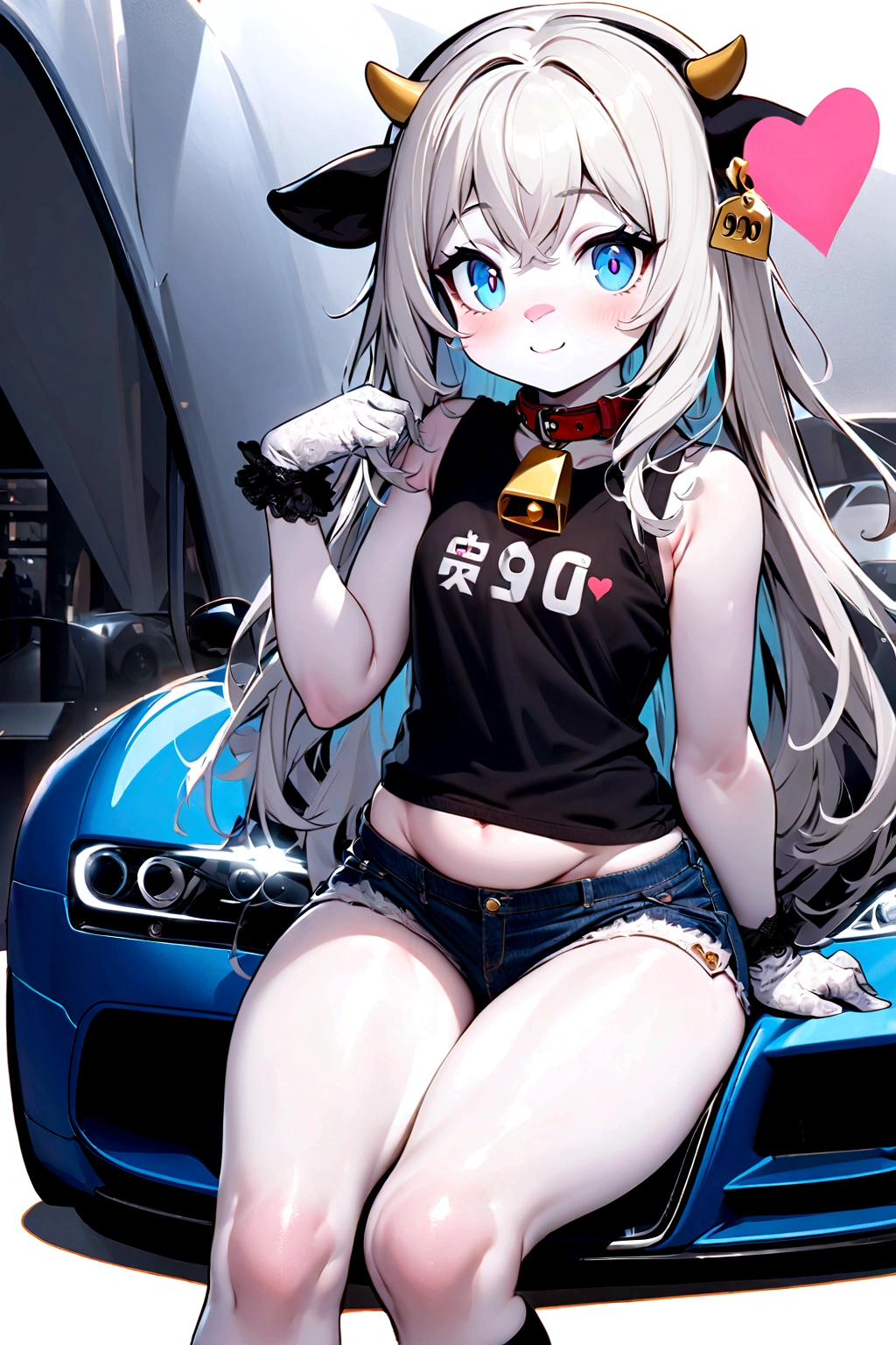 beautiful, masterpiece, Highest quality, anime, One girl, C Cup,Portrait Shot, View your viewers, Covered、Short Hair、nearby、Blue Eyes、art、、White hair,Blue streaked hair、wallpaper、hairpin、Cute smile、Thighs、navel、Black and White_Open race queen、Black and White_Gloves、Black and White_Knee-high boots、Shooting from an angle、Wave one hand、Cute、Shorts、Racetrack、Supercar
