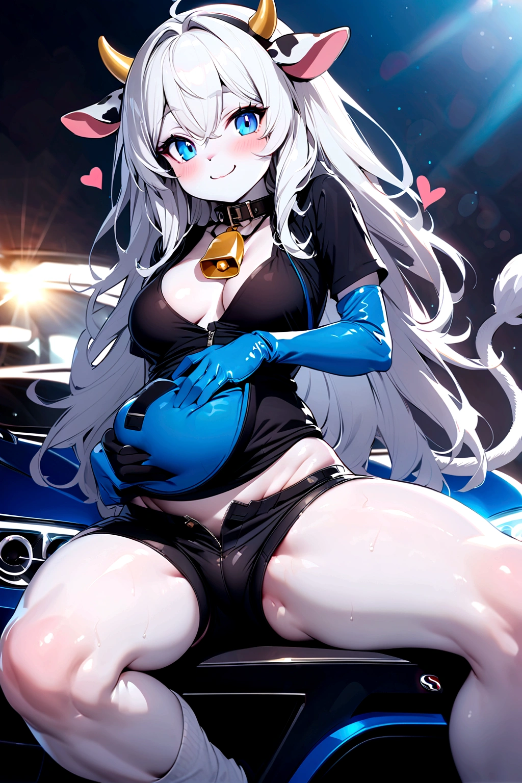 femboy, furry cow,  and cute, short white hair with black tips, blue colored eyes, god of eyes, detailed artwork, extremely detailed artwork, white and fluffy skin, white skin with black spots, extremely high detailed skin, black and white silk gloves, short black shirt with heart, belly sample, hair on thighs, short shorts (blackw), detailed thighs, cute thighs, cow&#39;s tail, sitting on knees, black and white silk socks, collar with bell around the neck, groin sample,  cute smile, detailed groin, Cute pose, small and cute, shining skin, shiny thighs, sitting on knees, no private parts, Youngh, leaning against a Bugatti Veyron car, Bugatti azul, detailed back ground, 