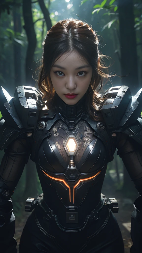 ((battle with monsters))、highest quality、masterpiece、ultra high resolution、(Photoreal:1.4)、RAW photo、1 girl、golden hair、glowing skin、(((1 Mechanical Girl)))、with a beautiful knife、（Blue Metal Bodysuit）、(beautiful forest background)、(battle with monsters)、(Small LED)、((Ultra realistic details))、vertical giant monster background),global illumination、Shadow、octane rendering、8k、super sharp、big breasts、The bare skin of the cleavage is exposed、Metal、intricate decorative details、Japan details、very intricate details、realistic light、Trends in CG society、red eyes、Eyes shining towards the camera、Mechanical vertebrae attached to back with mechanical edge blood vessels connected to neon details tubes、cervical vertebrae mechanically attached to the neck、(Wires and cables connecting to the head)、gundam、Small LED、,mechanical thighs、2 stocks、（Hands are also made of machineonster attack）、（injured in a deadly fight）、