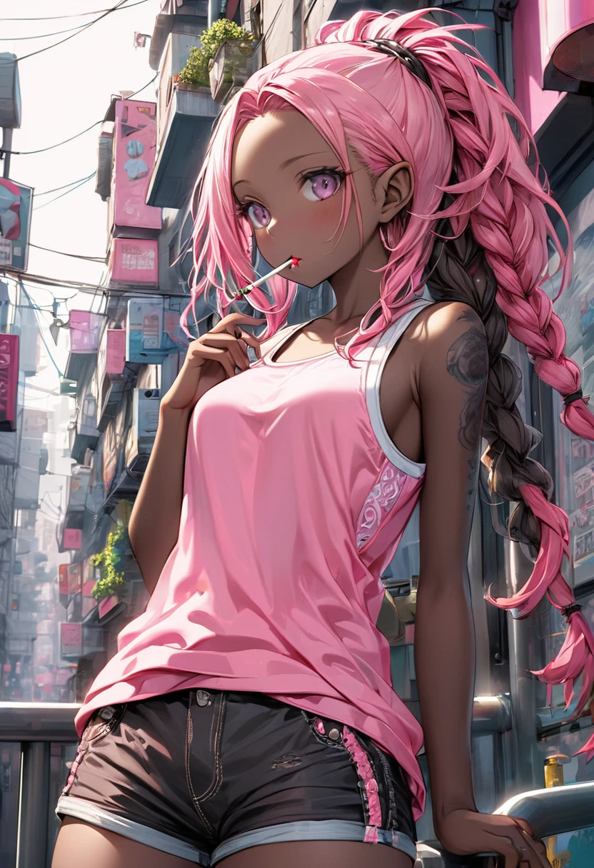 (pink style) (in a cute Tank top, Hot pants), (solo:2, 1000 yo, black skin, Dreadlocks:1.4 pink hair long hair cool elf woman, cool detailed silver eyes, Cigarette in mouth), in the pop city, BREAK, perfect anatomy, masterpiece, best quality, 16k, beautiful detailed grow, daydreaming expression.