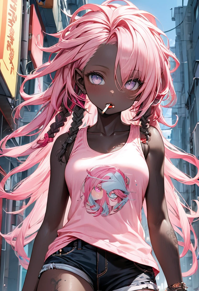 (pink style) (in a cute Tank top, Hot pants), (solo:2, 1000 yo, black skin, Dreadlocks:1.4 pink hair long hair cool elf woman, cool detailed silver eyes, Cigarette in mouth), in the pop city, BREAK, perfect anatomy, masterpiece, best quality, 16k, beautiful detailed grow, daydreaming expression.