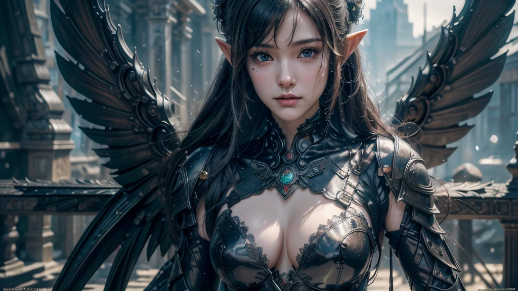 Close-up of woman holding sword and armor, Armor Girl, 2. 5D CGI anime fantasy artwork, (Large :1.8),Epic fantasy digital art style, detailed Digital 2D fantasy art, Digital 2D fantasy art, original photo, (best quality:1.3), high resolution, (masterpiece), (lifelike:1.4), Professional photography, Clear focus, High Dynamic Range, 8k resolution, Intricate details, Fine details, Depth of Field, Extremely detailed CG unified 8k wallpaper, masterpiece,poster,best quality,Official Art,(Beauty and aesthetics:1.2),(masterpiece:1.3),Female Elf,individual,Openwork leather armor,complex pattern,snow,Cyberpunk style future city,Medium distance photography,(early morning),dramatic,Glowing Wings,
