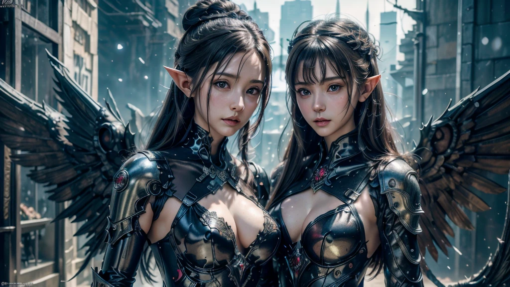 Close-up of woman holding sword and armor, Armor Girl, 2. 5D CGI anime fantasy artwork, （Large Breasts：1.8），Epic fantasy digital art style, detailed Digital 2D fantasy art, Digital 2D fantasy art, original photo, (best quality:1.3), high resolution, (masterpiece), (lifelike:1.4), Professional photography, Clear focus, High Dynamic Range, 8k resolution, Intricate details, Fine details, Depth of Field, Extremely detailed CG unified 8k wallpaper, masterpiece，poster，best quality，Official Art，（Beauty and aesthetics：1.2），（masterpiece：1.3），Female Elf，individual，Openwork leather armor，complex pattern，snow，Cyberpunk style future city，Medium distance photography，（early morning），dramatic，Glowing Wings，