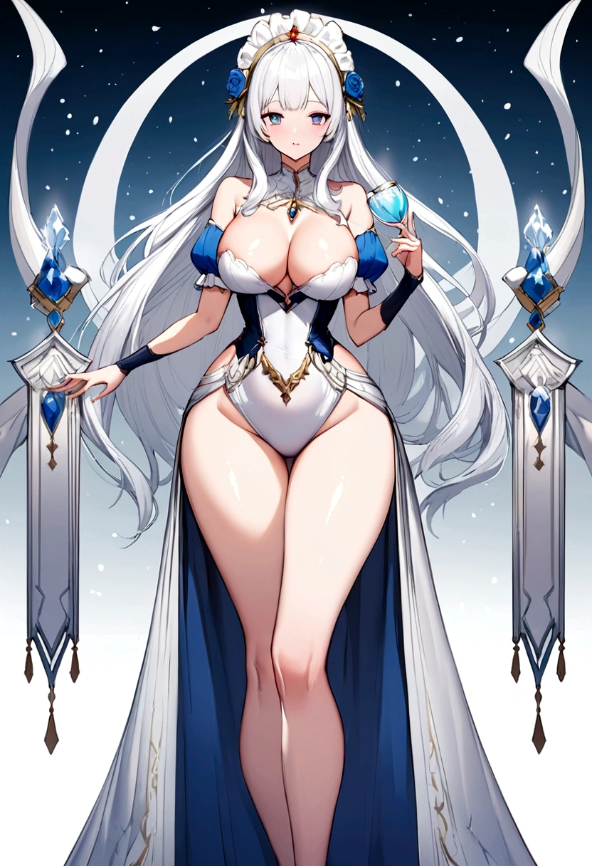 Snow-white haired woman with G cup breasts, wide hips and long legs