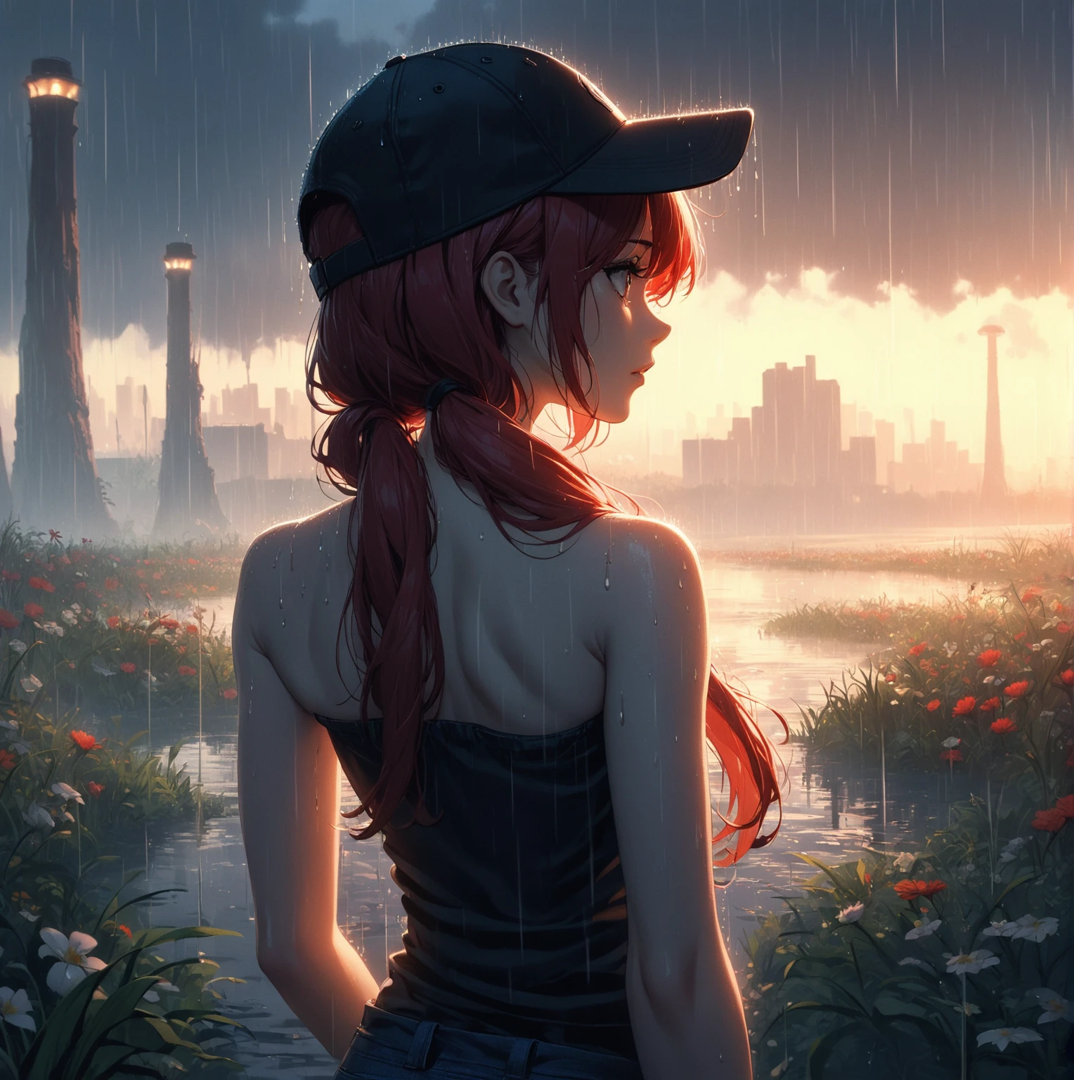 (masterpiece:1.2, Best Quality), (finely detailed beautiful eye: 1.2), (beautiful detailed face), High contrast, (Best Illumination, extremely delicate and beautiful), ((Cinematic Light)),, gray eyes, red hair in low twin tails, swept bangs, stoic, strapless black shirt, black baseball cap, jeans, small breasts, thin, slight toned arms, rain, outdoors, swamp, city across bay, flowers,