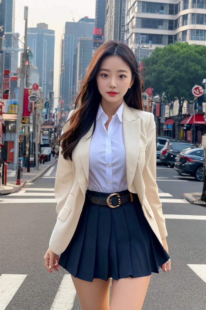 a 17 year old girl, she is the most beautiful actress in the world, the perfect body proportions of this girl, the things she wears are formal, her upper body with it's large breasts are covered 100% by the shirt under firmly buttoned up blazer, her crotch between her bare legs are hidden just 99% by short skirt, it's only one description of one body, it's from right above her head to right below her shins are within frame, all her body is looking forward to viewer, she is standing at the city street, nsfw, best quality, highly detailed, masterpiece, ultra high res, photo realistic, 8k, RAW photo