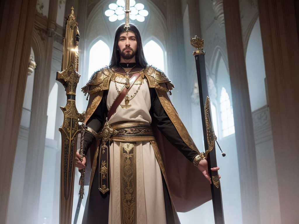 create a logo with a great sword standing in the middle of a bible with precious stones and writing:Inspiring Stories of Faith.