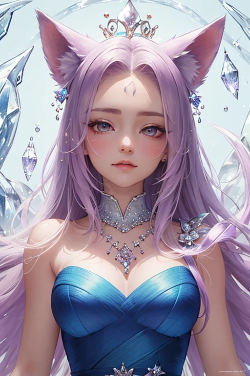 ((best quality)), ((masterpiece)), (detailed), humanoid, rainbow colored kitsune, crystal crown, light purple hair, light purple fox ears, crystallized foxtails, crystal face markings