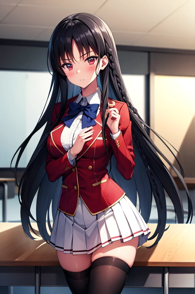 (masterpiece:1.3), (best quality:1.1), (8k, ultra detailed, ultra high res:1.1), ((anime style)), perfect 5 fingers, perfect anatomy,
1girl,
Suzune Horikita,
BREAK long hair, braid,
black hair,
red eyes,
blue bow,
(medium breasts:0.9),
red jacket, long sleeves, white skirt, pleated skirt, (black thigh-high socks:1.1),
BREAK looking at viewer, (blush:1.1),
cowboy shot, standing, (hand on own chest:1.1),
perfect light, BREAK (detailed background:1.2), indoors, inside, (classroom:1.2), sky,