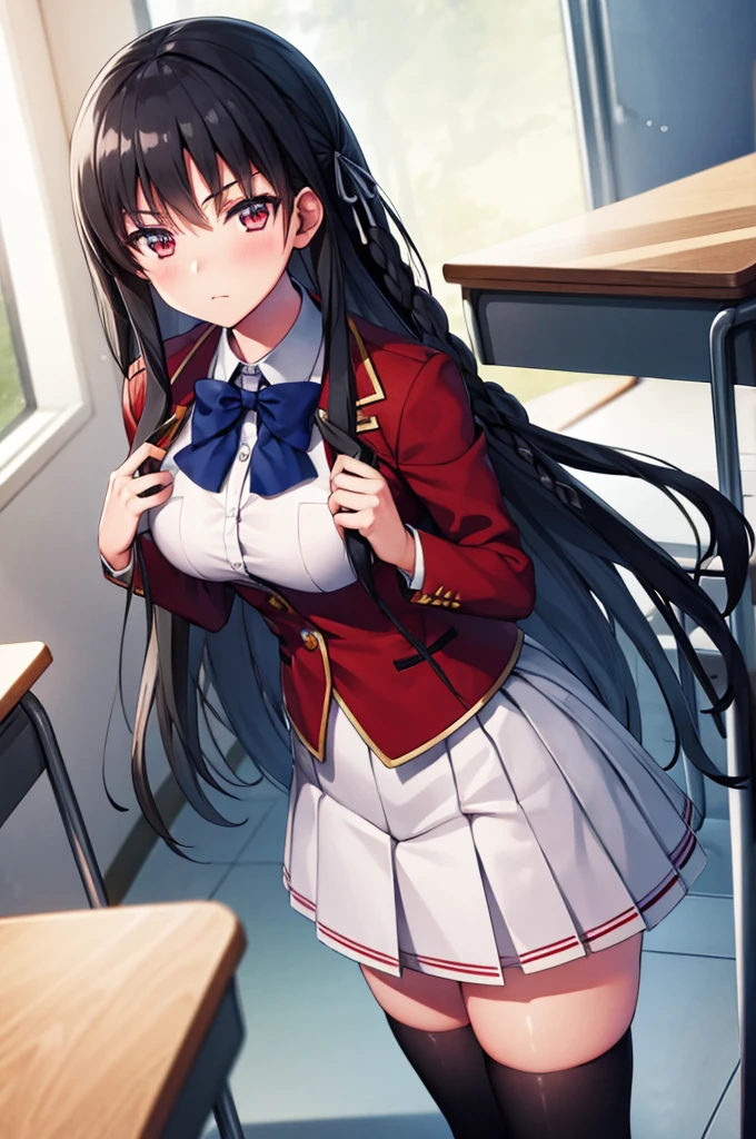 (masterpiece:1.3), (best quality:1.1), (8k, ultra detailed, ultra high res:1.1), ((anime style)), perfect 5 fingers, perfect anatomy,
1girl,
Suzune Horikita,
BREAK long hair, braid,
black hair,
red eyes,
blue bow,
(medium breasts:0.9),
red jacket, long sleeves, white skirt, pleated skirt, (black thigh-high socks:1.1),
BREAK looking at viewer, (blush:1.1),
cowboy shot, standing, (hand on own chest:1.1),
perfect light, BREAK (detailed background:1.2), indoors, inside, (classroom:1.2), sky,