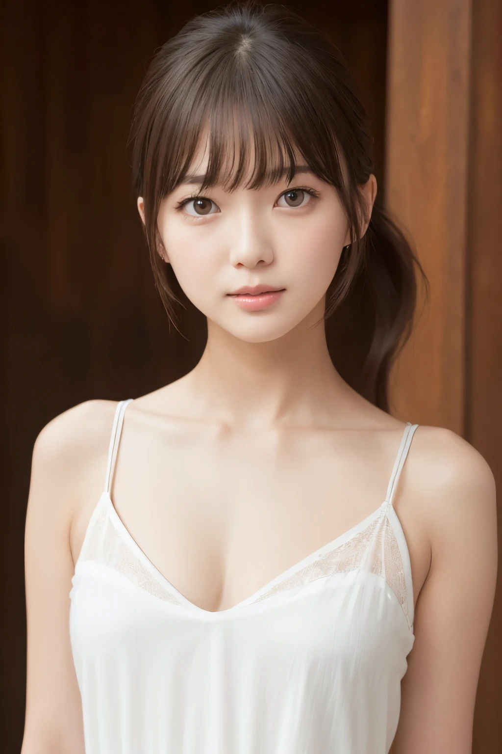 (((Ultimate beauty portrait)))、((Glowing Skin))、One Girl、Beautiful Japanese girl、Bright expression、((Brown Hair))、(Cleavage)、(Mini Cart:1.5)、((Big eyes that shine like jewels))、Open the clothes、pantyhose、Glowing Skin、(Medium Hair)、(Smooth ponytail hair)、(Are standing)、(From below)、Under the skirt、(From below下着のクローズアップ)、eyeliner、Beautiful Bangs、Hair between the eyeasterpiece、最high quality、Super detailed、Film Light、fine、High resolution、Very detailed))、Detailed Background、8 Commercial Code、Digital SLR、Soft Light、high quality、Film Grain、Shallow depth field、Natural soft light、Sexy open-necked clothing、Belly button、Small breasts、Thin fabric camisole、Upper body portrait from the knees up