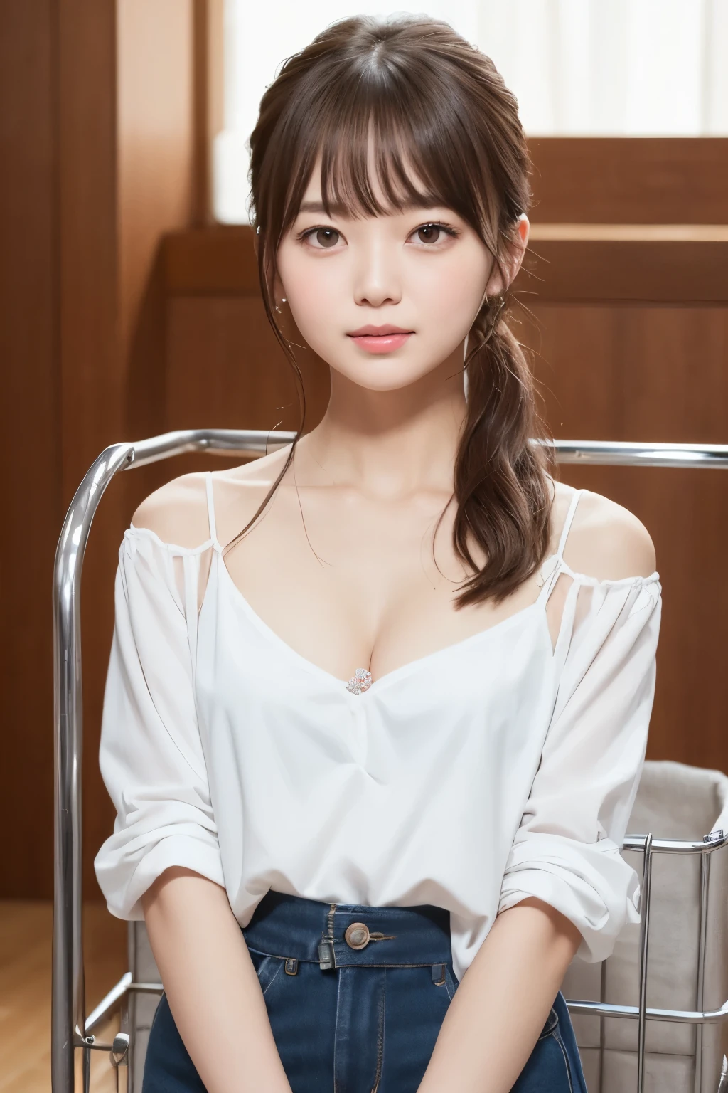 (((Ultimate beauty portrait)))、((Glowing Skin))、One Girl、Beautiful 15 year old Japanese girl、Bright expression、((Brown Hair))、(Cleavage)、(Mini Cart:1.5)、((Big eyes that shine like jewels))、Open the clothes、pantyhose、Glowing Skin、(Medium Hair)、(Smooth ponytail hair)、(Are standing)、(From below)、Under the skirt、(From below下着のクローズアップ)、eyeliner、Beautiful Bangs、Hair between the eyeasterpiece、最high quality、Super detailed、Film Light、fine、High resolution、Very detailed))、Detailed Background、8 Commercial Code、Digital SLR、Soft Light、high quality、Film Grain、Shallow depth field、Natural soft light、Sexy open-necked clothing、Belly button、Small breasts、Thin fabric camisole、Upper body portrait from the knees up