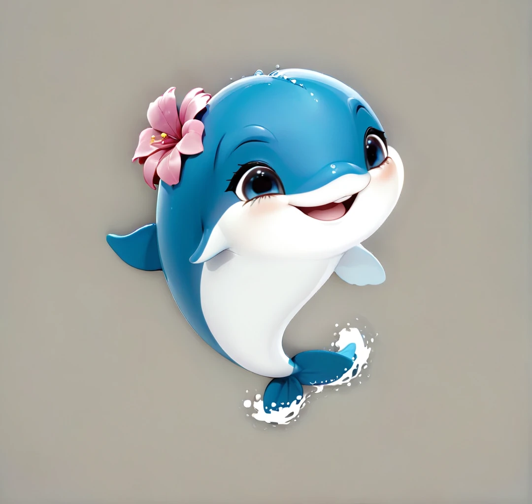 Cute dolphins,Wave tail,big eyes,There is a flower on the head,Cartoon,A bit three-dimensional,artistry,advanced art,Ultra-high quality。8K