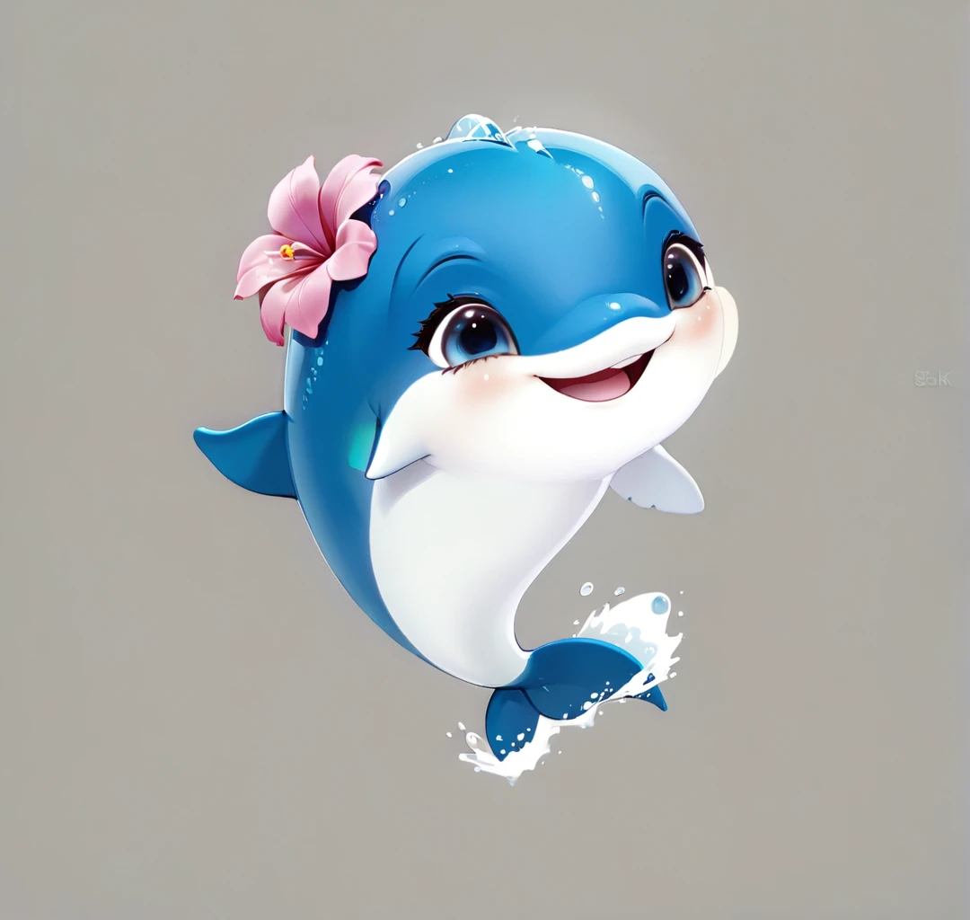 Cute dolphins,Wave tail,big eyes,There is a flower on the head,Cartoon,A bit three-dimensional,artistry,advanced art,Ultra-high quality。8K