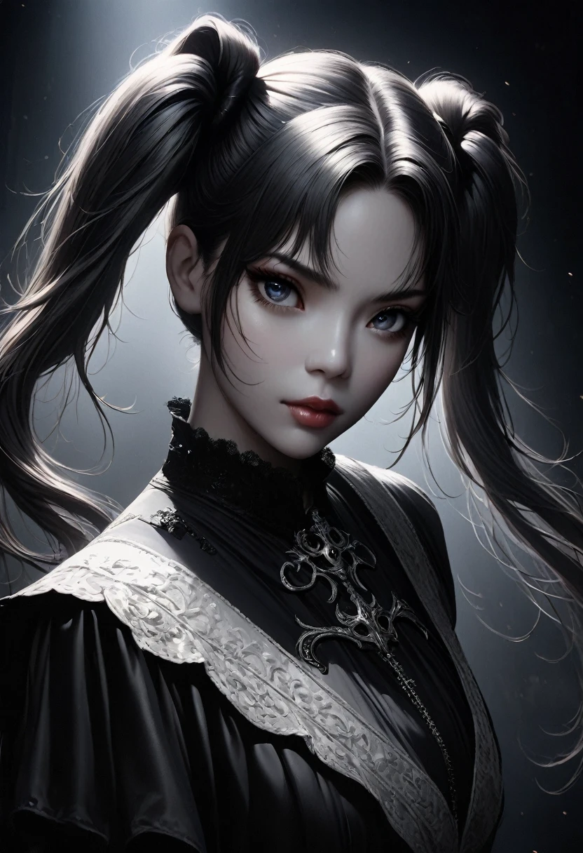 a beautiful girl with long twin tails,gothic style,minimalist black and white,highly detailed facial features,detailed eyes and lips,elegant pose,dramatic lighting,cinematic composition,moody atmosphere,sharp focus,photographic quality,realistic rendering