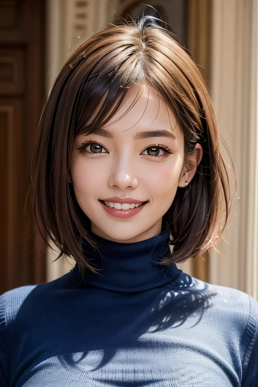 ((masterpiece)), ((Highest quality)), ((Complex)), ((Surreal)), (Realistic), (Mature Woman), ((There are no classes)), Very detailed, (1 female), Beautiful and exquisite, (Beautiful Teeth), Grin, Brunette Bob Hair, Brown eyes, ((Blue turtleneck)), (Upper Body), (background:Urban area), (backgroundぼかし), Perfect Eyes, Captivating eyes, Looking at the audience