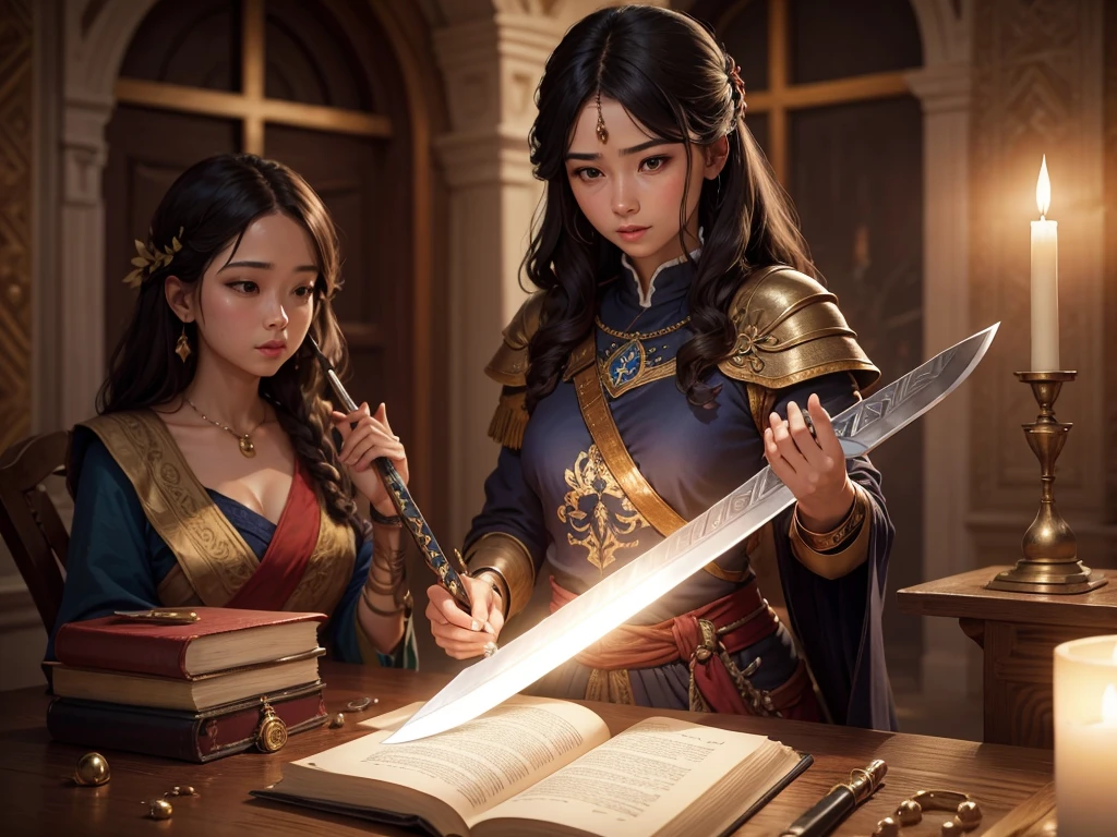 create a logo with a great sword standing in the middle of a bible with precious stones and writing:Inspiring Stories of Faith.