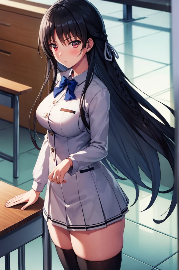 (masterpiece:1.3), (best quality:1.1), (8k, ultra detailed, ultra high res:1.1), ((anime style)), perfect 5 fingers, perfect anatomy, 
1girl,
Suzune Horikita, 
BREAK long hair, braid, 
black hair, 
red eyes, 
blue bow, 
(medium breasts:0.9), 
red jacket, long sleeves, white skirt, pleated skirt, (black thigh-high socks:1.1), 
BREAK looking at viewer, (blush:1.1), 
cowboy shot, standing, (hand in own hair:1.1), 
perfect light, BREAK (detailed background:1.2), indoors, inside, (classroom:1.2), sky,  