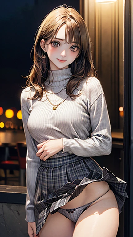 (masterpiece:1.2, 16K quality), (Realistic, photoRealistic:1.4), Beautiful illustrations, (Natural Side Lighting, Cinema Lighting),
View your viewers, 1 Girl, Japanese, , Perfect Face, Perfect body, Cute and symmetrical face, Shiny skin, Baby Face,
(Long Hair, Straight hair, Sideburns, Hair Intake, Blonde), Swept-apart bangs, Golden Eyes, Big eyes, (Middle chest, Captivating thighs), Earrings,
Beautiful Hair, Beautiful Face, Beautiful attention to detail, Beautiful clavicle, Beautiful body, Beautiful breasts, Beautiful thighs, Beautiful feet, Beautiful fingers,
((Grey and brown checked dress), necklace), Light brown turtleneck sweater,
(Beautiful views), night, (bar), walking,(Skirt flip:1.3), (Roll-up skirt:1.3), (Full-fledged panties:1.5), (Adorable smile, Upward glance),