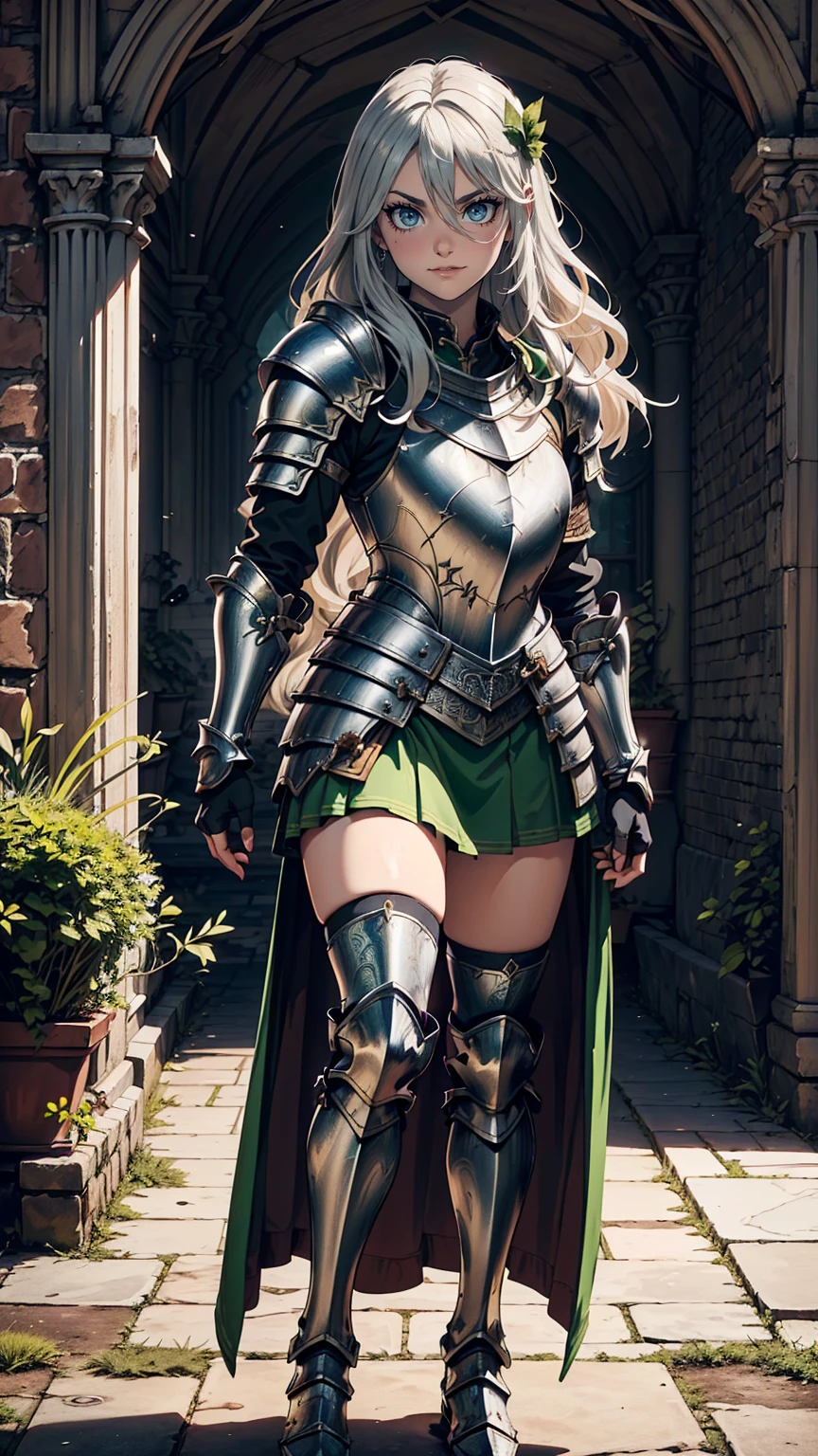 最high quality、Ultra High Definition, Ultra High Quality, Hyper Definition, Hyper Quality, Hyper Detailed, Extremely Detailed, Perfectly Detailed, Best image quality、masterpiece、anime woman((20-year-old、super dynamic pose , Green solid eyes, Silver long Hair、Disheveled Hair、Long White Hair, Glove、Green Skirt, Knight Armor, Smirk、no lips, Detailed Cuirass , Dressed in Full Coverage Knight Plate Armor, leg armor)),high quality、Beautiful art、background((Inside the mansion))、Written boundary depth、 movie、Visual Arts、Perfect art、8K,Genuine、
