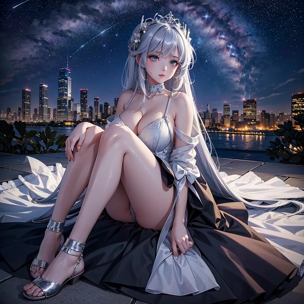 A detailed portrait of a girl sitting outdoors at night, looking at the starry sky with the milky way, surrounded by a night cityscape with buildings silhouetted against the night sky, long white hair. wearing a slightly revealing dress, sexy legs, precise cleavage, beautiful detailed lips, sky, stars, starry night, night, 1 girl.