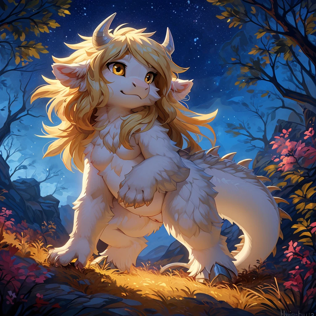 ultra-detailed, masterpiece, masterwork, high quality, best quality, hdr, (nature, night), posted on e621, (by hioshiru), nsfw, female, solo, (white little body minotaur), dragon, (long  silver hair, yellow eyes, white chubby body), sitting, from directly below, dynamic angle, (nude, micropenis, foreskin, perfect balls, pubic hair) 