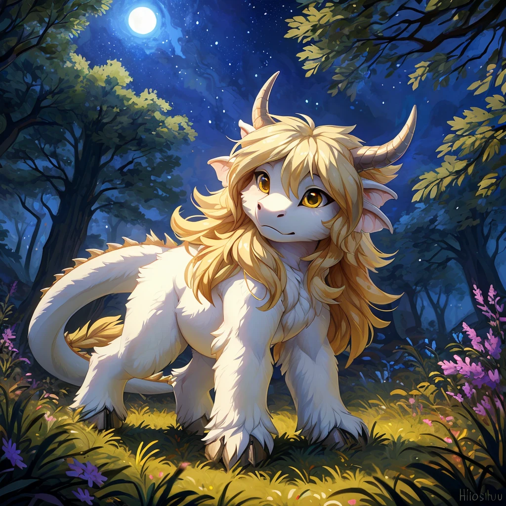 ultra-detailed, masterpiece, masterwork, high quality, best quality, hdr, (nature, night), posted on e621, (by hioshiru), nsfw, female, solo, (white little body minotaur), dragon, (long  silver hair, yellow eyes, white chubby body), stylish pose, front view, dynamic angle, (nude)