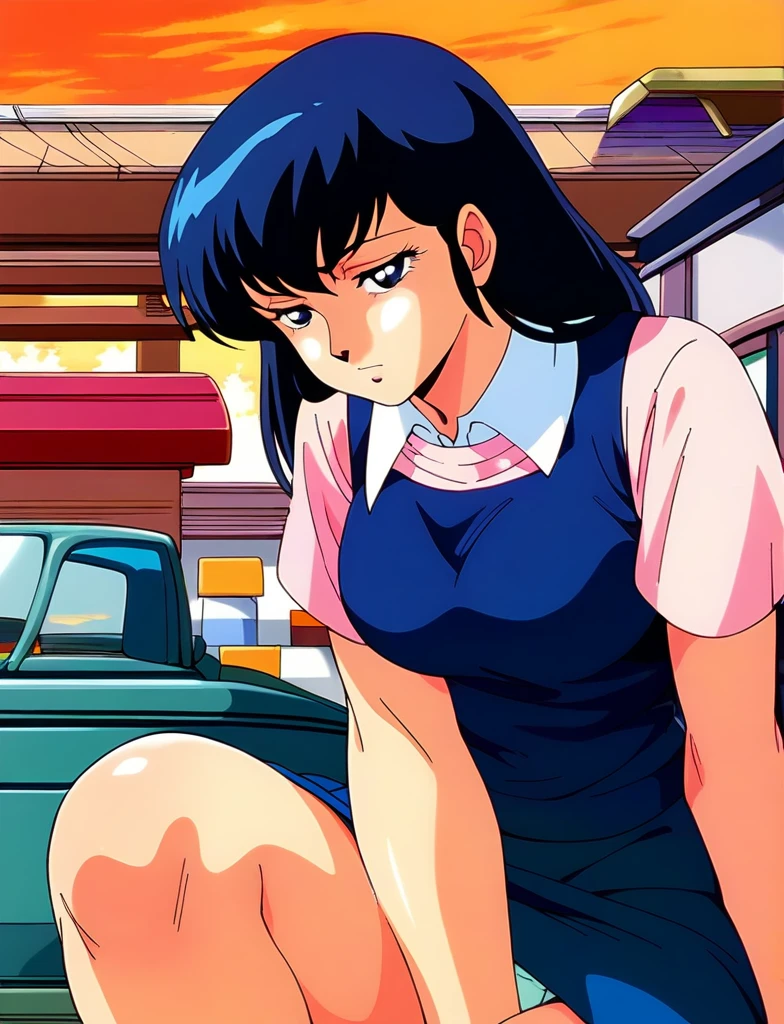 Kyoko,score_9,score_8_superior,score_7_superior,sauce_anime,One girl,alone,View your viewers,city,Streetscape of the 1980s,asphalt paved,paved,lamp post,force_line,Orange sky,evening,Pink Sweater,White collared shirt,length_skirt,blue skirt、Spread your legs、Panties、Tired face、Wet thighs、