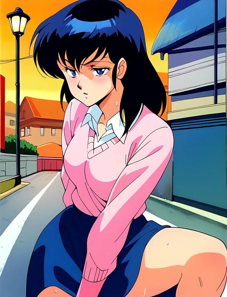 Kyoko,score_9,score_8_superior,score_7_superior,sauce_anime,One girl,alone,View your viewers,city,Streetscape of the 1980s,asphalt paved,paved,lamp post,force_line,Orange sky,evening,Pink Sweater,White collared shirt,length_skirt,blue skirt、Spread your legs、Panties、Tired face、Wet thighs、
