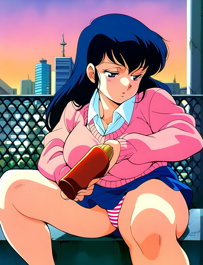 Kyoko,score_9,score_8_superior,score_7_superior,sauce_anime,One girl,alone,View your viewers,city,Streetscape of the 1980s,asphalt paved,paved,lamp post,force_line,Orange sky,evening,Pink Sweater,White collared shirt,length_skirt,blue skirt、Spread your legs、Panties、Tired face、Wet thighs、