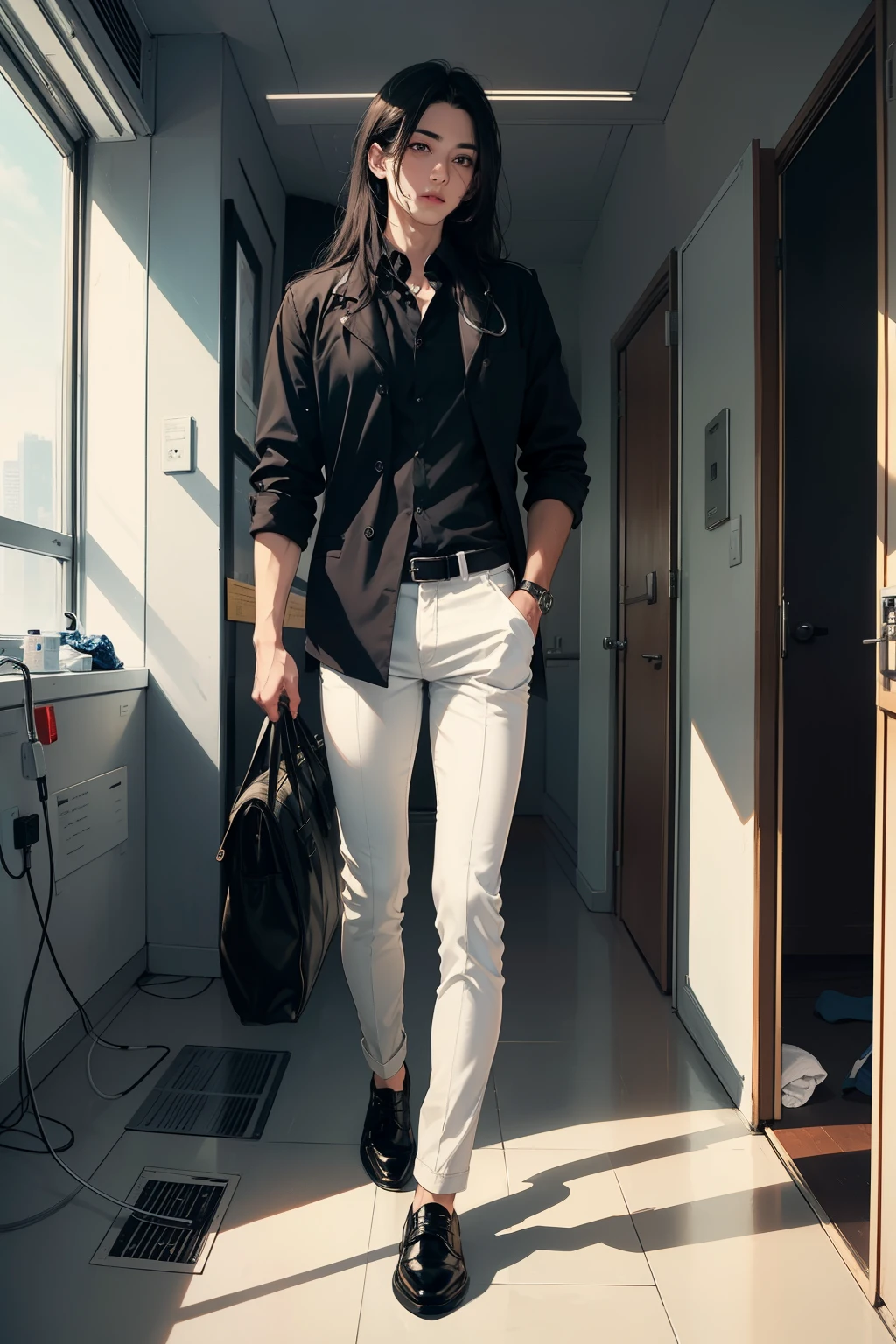 ((best quality)), ((masterpiece)), (detailed), he is man, doctor, look like a girl, doctor clothes, third two year old, delicate face, tall, hospital full background, full body, long hair, black shirt, leather shoes, 