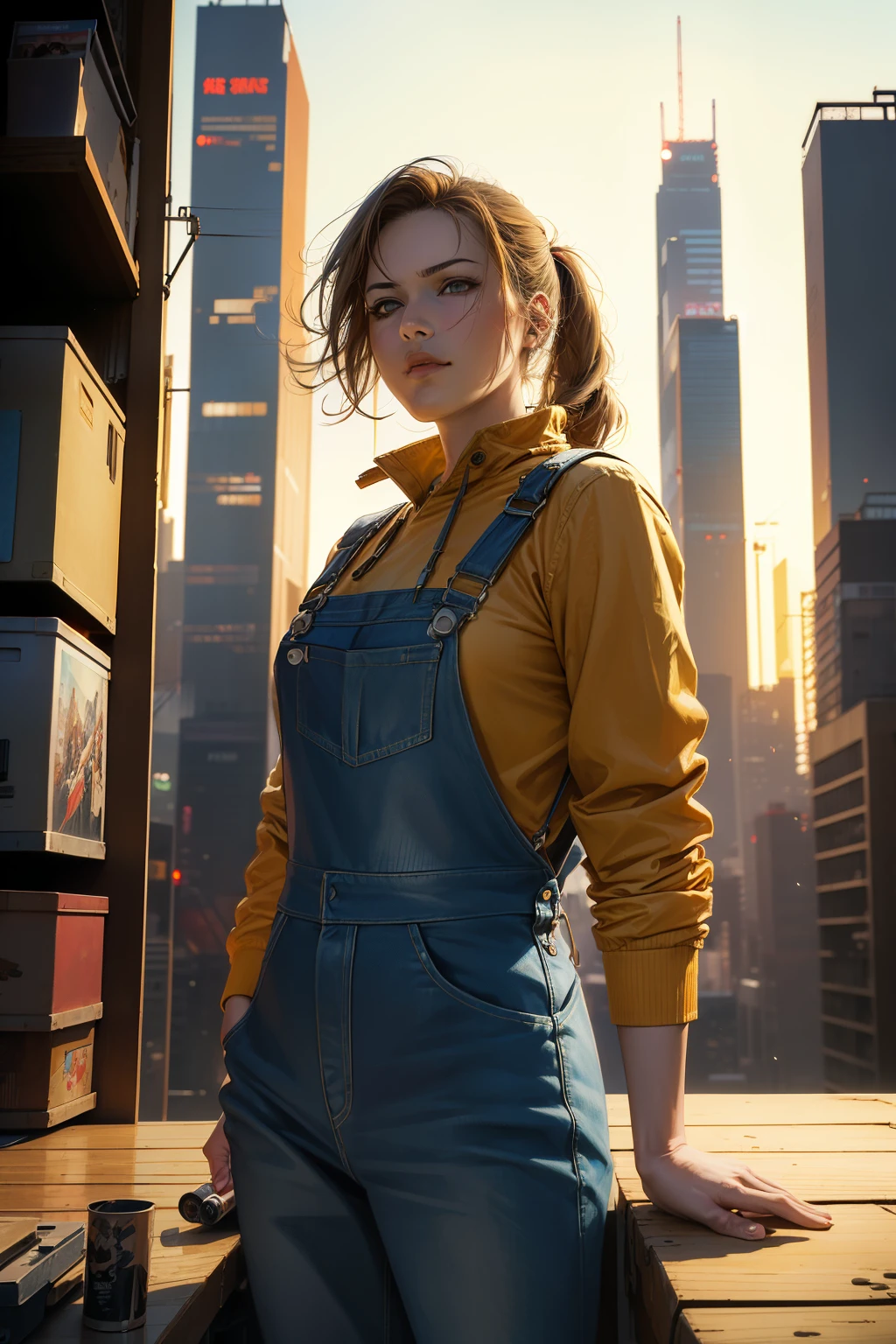 Dynamic poses、(Comic Style),(Linear Art_Japanese cartoons),(On the table_best quality),(Cowboy shooting),Beautiful feces, (masterpiece:1.2), (Top quality:1.2), Perfect eyes, Face perfect, perfect ligthing, girl、(jacket_Overalls),Cyberpunk city background、Complex background、