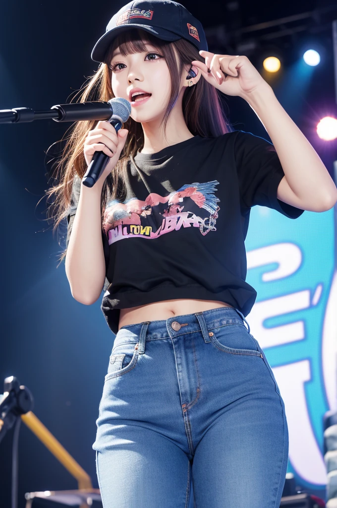 HDR((best quality)), ((masterpiece)), (detailed), very beautiful woman(medium fat body), long hair, wearing a black t-shirts and jeans, she is going to singing(hanging a mic), performe on the stages, the bands, sound system, the lights, concert(realistic)
