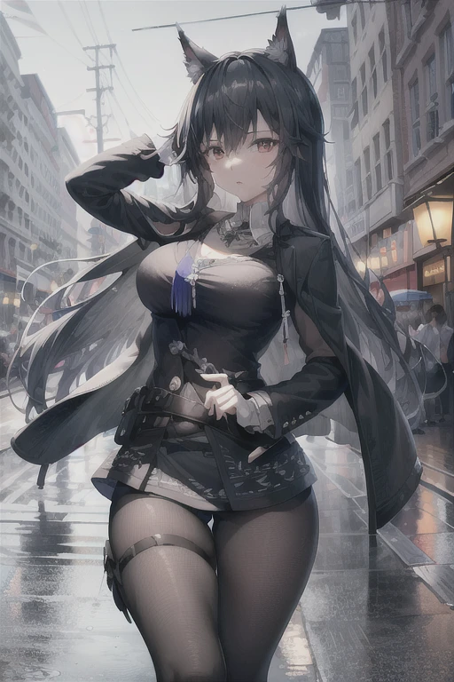(8K, RAW photos, best quality, masterpiece:1.4), Ultra-high resolution, (Practical, photo-Practical:1.48),Omotosa,1 Girl,(Korean Idol), (Egiosar:1),Lovely, (super Bokeh night city center:1.25), Bokeh, night, traffic light, Road signs, rain, after rain, wet, Professional lighting, Detailed lighting, Photon Mapping, Radiosity, Physically Based Rendering,Black pantyhose bloom, Backlight, Depth of Field, Natural Lighting, Hard Focus, film grain, One meter shooting distance, Professional photography, Shot with a Sony a9 II mirrorless camera, Delicate eyes, Practical eyes, Detailed shadows, Looking at the audience, Dog ears, Detailed lighting, skirt, black skirt, High Leg Raise, black High Leg Raise, (Detailed hair, Practical hair, Practical lighting, Practical shadow, Practical outfit), Practical skin, (Sabble at the waist:1), Practical reflection of light from above, ((Put your hands behind your back)),(Put your hands behind your back),Tube Top,Sexy