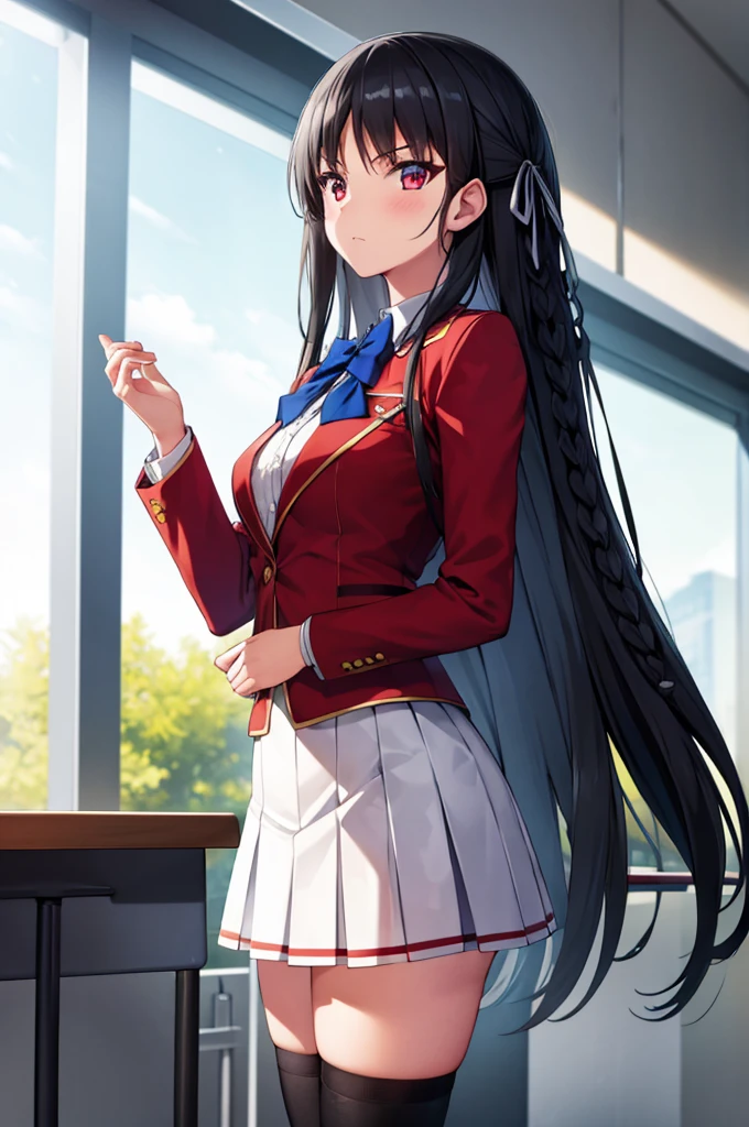 (masterpiece:1.3), (best quality:1.2), (8k, ultra detailed, ultra high res:1.2), ((anime style)), perfect 5 fingers, perfect anatomy, 
1girl,
Suzune Horikita, 
BREAK long hair, braid, 
black hair, 
red eyes, 
blue bow, 
(medium breasts:0.9), 
red jacket, long sleeves, white skirt, pleated skirt, (black thigh-high socks:1.1), 
BREAK looking at viewer, (blush:1.1), 
cowboy shot, standing, (hand in own hair:1.1), 
perfect light, BREAK (detailed background:1.2), indoors, inside, (classroom:1.2), sky,  