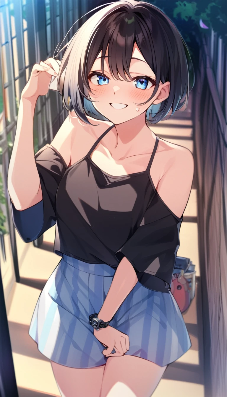 one girl, boyish, cool, cheerful girl, light blue eyes, my best friend, feel happy, girl look at me, blush, lovely, my girlfriend, short hair