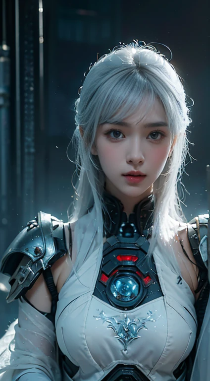 masterpiece,best quality,high resolution,8k,(portrait photo:1.5),(R original photo),real picture,digital photography,(Combination of cyberpunk and fantasy style),(female soldier),20 year old girl,Random hairstyle,white hair,through bangs,(red eye breasts, Accessories,Keep your mouth shut,Elegant and charming,Serious and arrogant,Calm and handsome,(Cyberpunk combined with fantasy style clothing,hollow-carved design,joint armor,combat uniform,White clothes,White color your belly button,photo poses,Realistic style,gray world background,oc render reflection texture