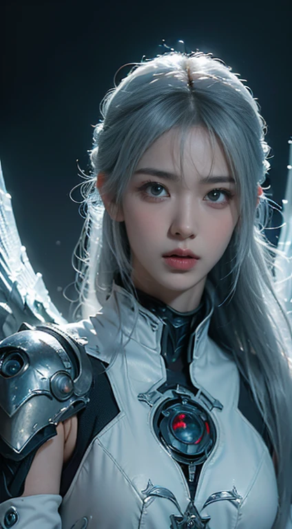 masterpiece,best quality,high resolution,8k,(portrait photo:1.5),(R original photo),real picture,digital photography,(Combination of cyberpunk and fantasy style),(female soldier),20 year old girl,Random hairstyle,white hair,through bangs,(red eye breasts, Accessories,Keep your mouth shut,Elegant and charming,Serious and arrogant,Calm and handsome,(Cyberpunk combined with fantasy style clothing,hollow-carved design,joint armor,combat uniform,White clothes,White color your belly button,photo poses,Realistic style,gray world background,oc render reflection texture