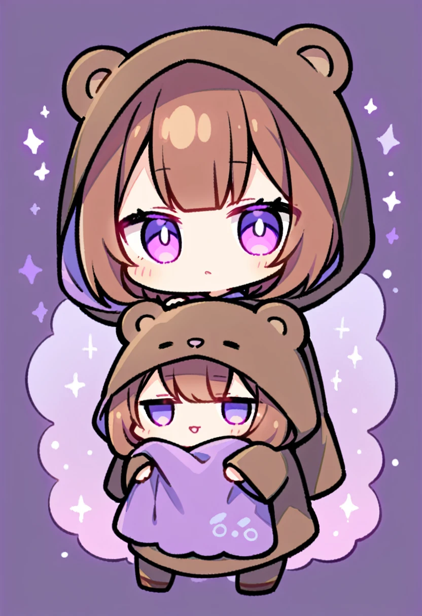bangs bangs、bangs、Crisp bangs、Long brown hair、Wearing a dark brown bear hood、Chibi Character with long brown hair、Wearing a dark brown bear ear hooded blanket、Purple Eyes、Purple betta background、Chibi Character、Holding a teddy bear、Bear face hood