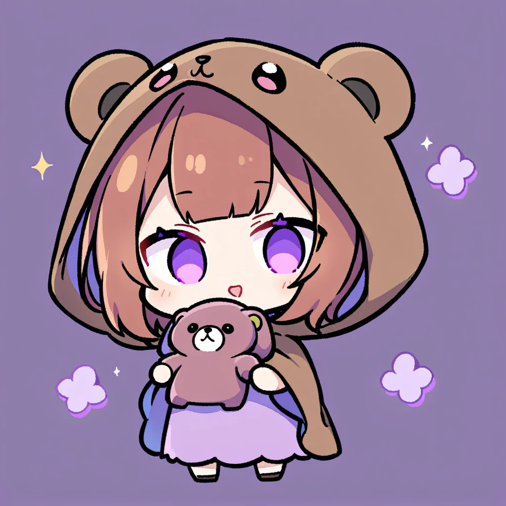 bangs bangs、Bangs、Crisp bangs、long brown hair、Wearing a dark brown bear hood、茶髪ロングのChibi Character、Wearing a dark brown bear ear hooded blanket、Purple Eyes、Purple betta background、Chibi Character、Holding a teddy bear、Bear face hood