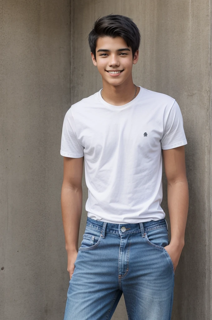 Sketch a -yeld mastanding with a smile, wearing a white shirt and jeans, with short black hair and no tattoos.