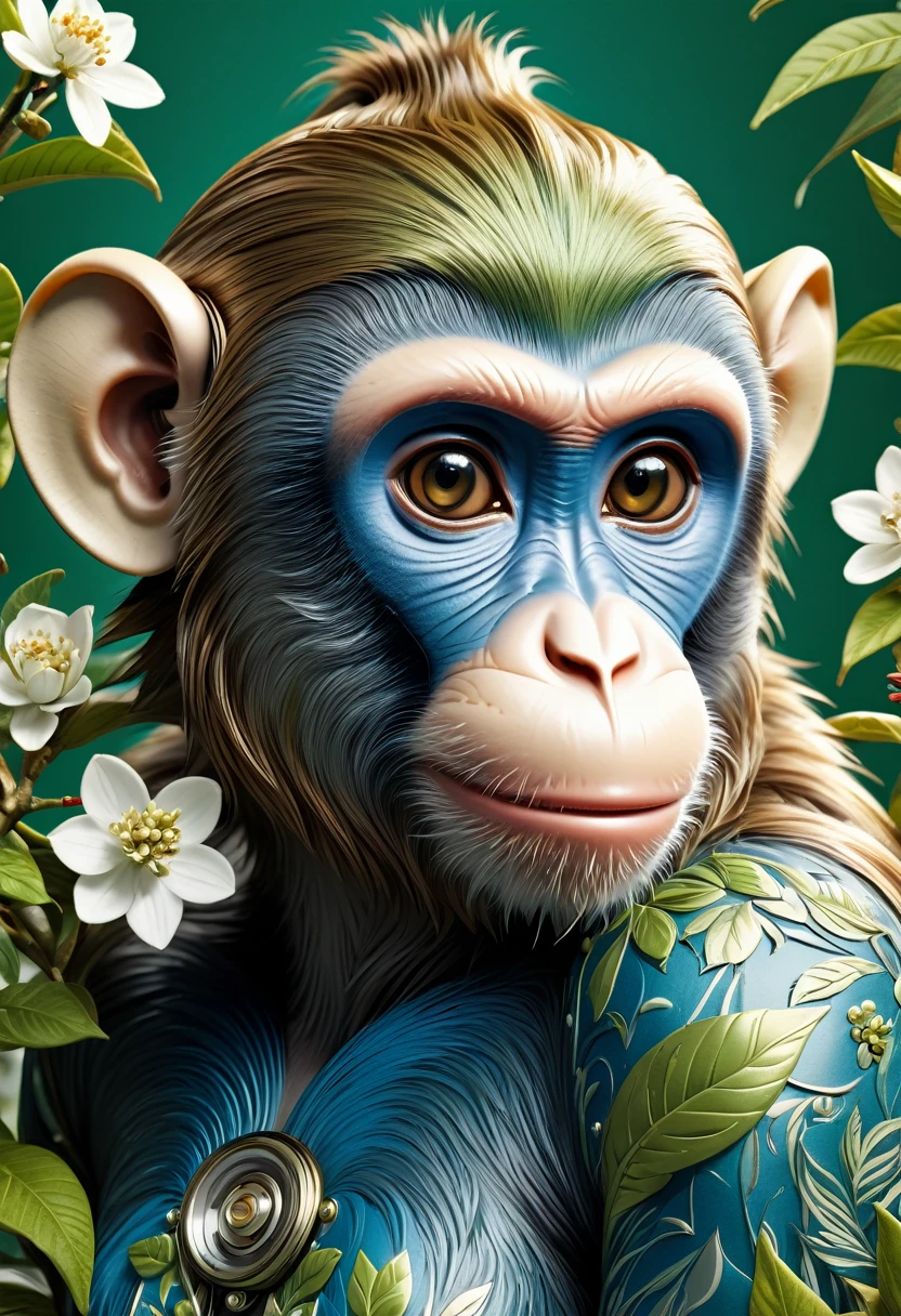 Mechanical Monkey，lifelike，Anthropomorphic monkeys，Character setting，Ultra-detailed graphics，Delicate face，8K，magazine cover，Floral background decoration，Strong color contrast，Darker color，Blue, green and white