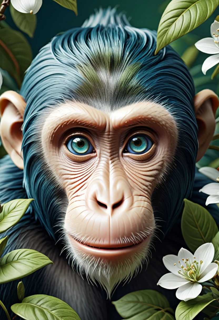Mechanical Monkey,lifelike,Anthropomorphic monkeys,Character setting,Ultra-detailed graphics,Delicate face,8K,magazine cover,Floral background decoration,Strong color contrast,Darker color,Blue, green and white