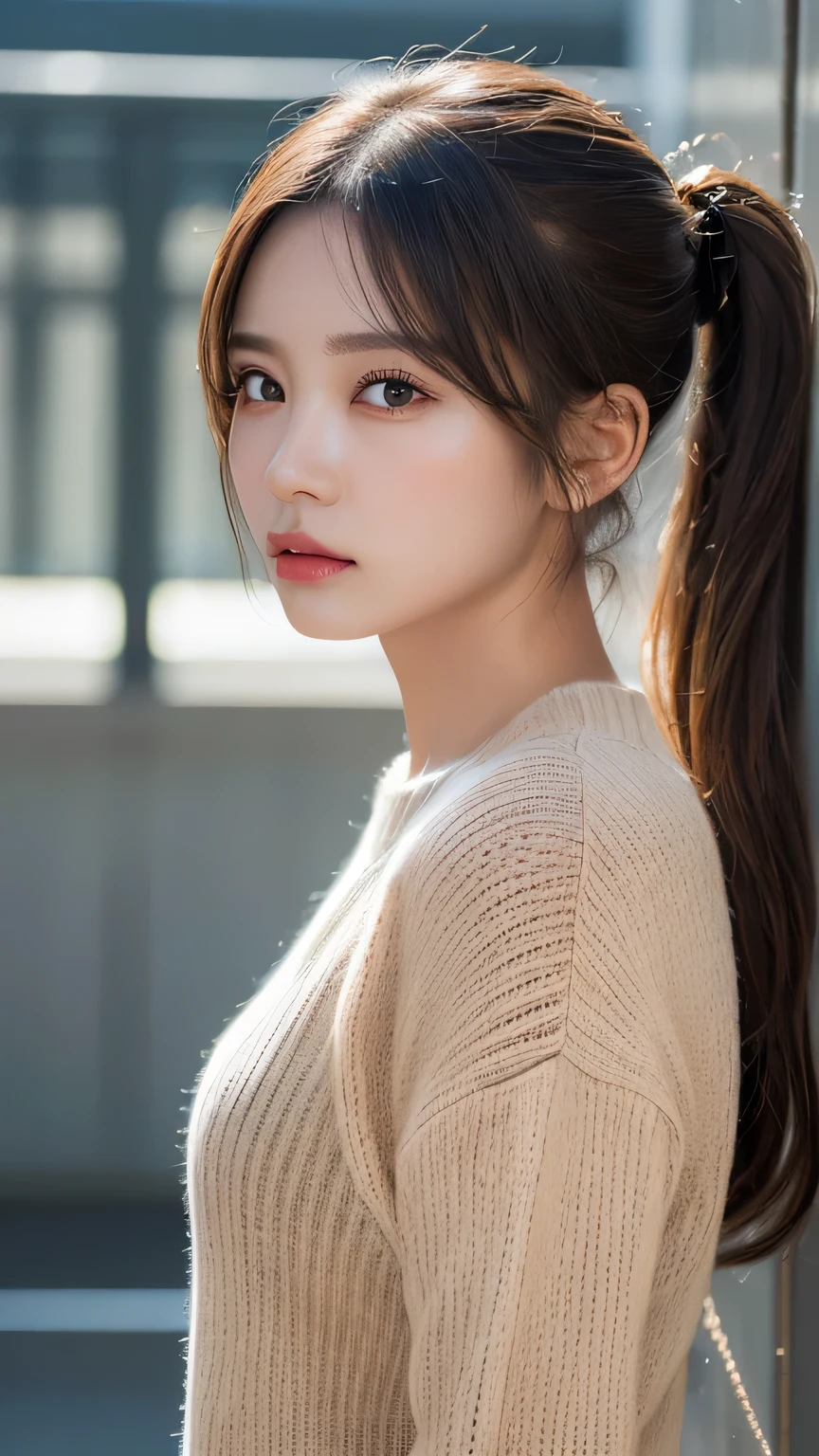 (masterpiece:1.3), (8K, Photorealistic, Raw photo, Best image quality: 1.4), 20-year-old girl、(Random Hairstyles:1.2)、Super detailed face、Attention to detail、double eyelid、Sharp focus:1.2、Beautiful woman:1.4、Light brown hair、ponytail、Natural color lip、Highest quality、masterpiece、Ultra-high resolution、(Photorealistic:1.4)、Highly detailed and professional lighting、Wear a red sweater、thin、Serious expression、Clear Skin、Random pose、Shiny Hair、Sculpture model pose、